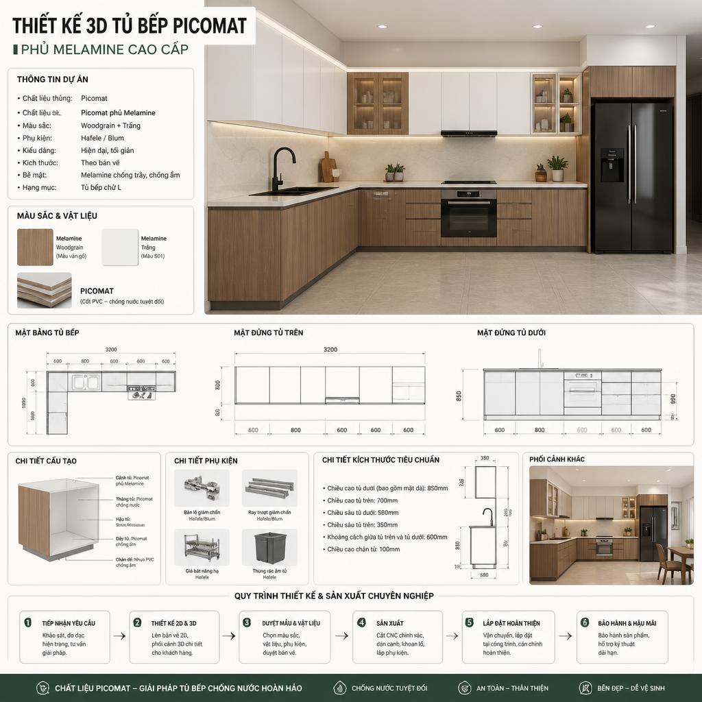 Bảng thiết kế 3D tủ bếp Picomat phủ Melamine với bản vẽ kỹ thuật chi tiết, thể hiện quy trình thiết kế chuyên nghiệp