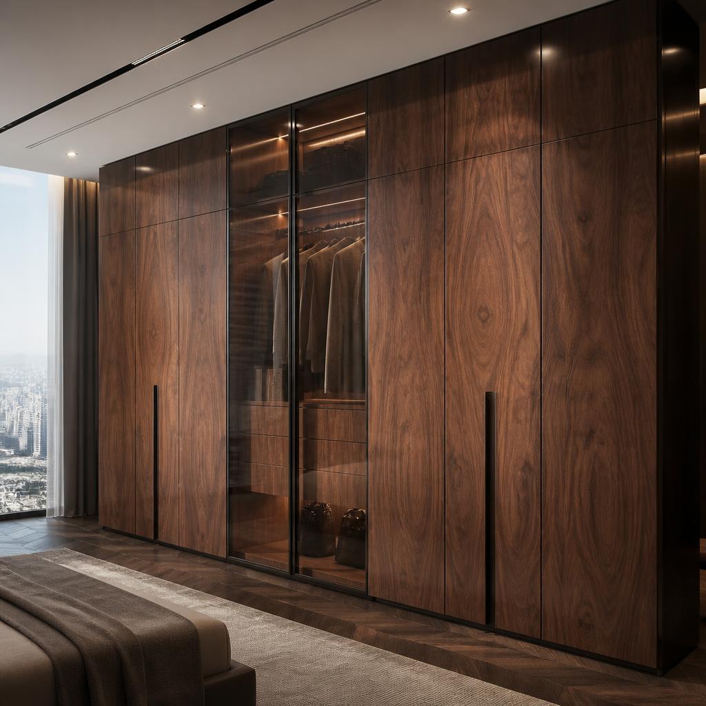 Bề mặt tủ áo phủ Veneer Óc Chó tự nhiên, vân gỗ nâu đậm, sơn PU bóng mờ, căn hộ penthouse