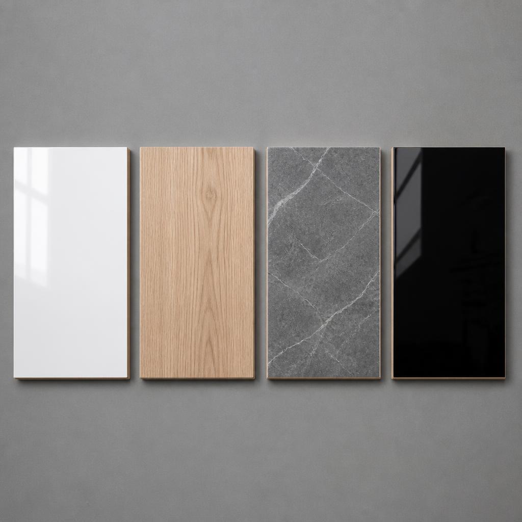 Bộ mẫu 4 loại bề mặt plywood đặt cạnh nhau theo hàng ngang, melamine trắng bóng, veneer sồi vân tự nhiên, laminate vân đá xám, acrylic bóng gương đen, góc chụp top-down, ánh sáng studio đều, nền xám trung tính, thể hiện rõ texture từng loại
