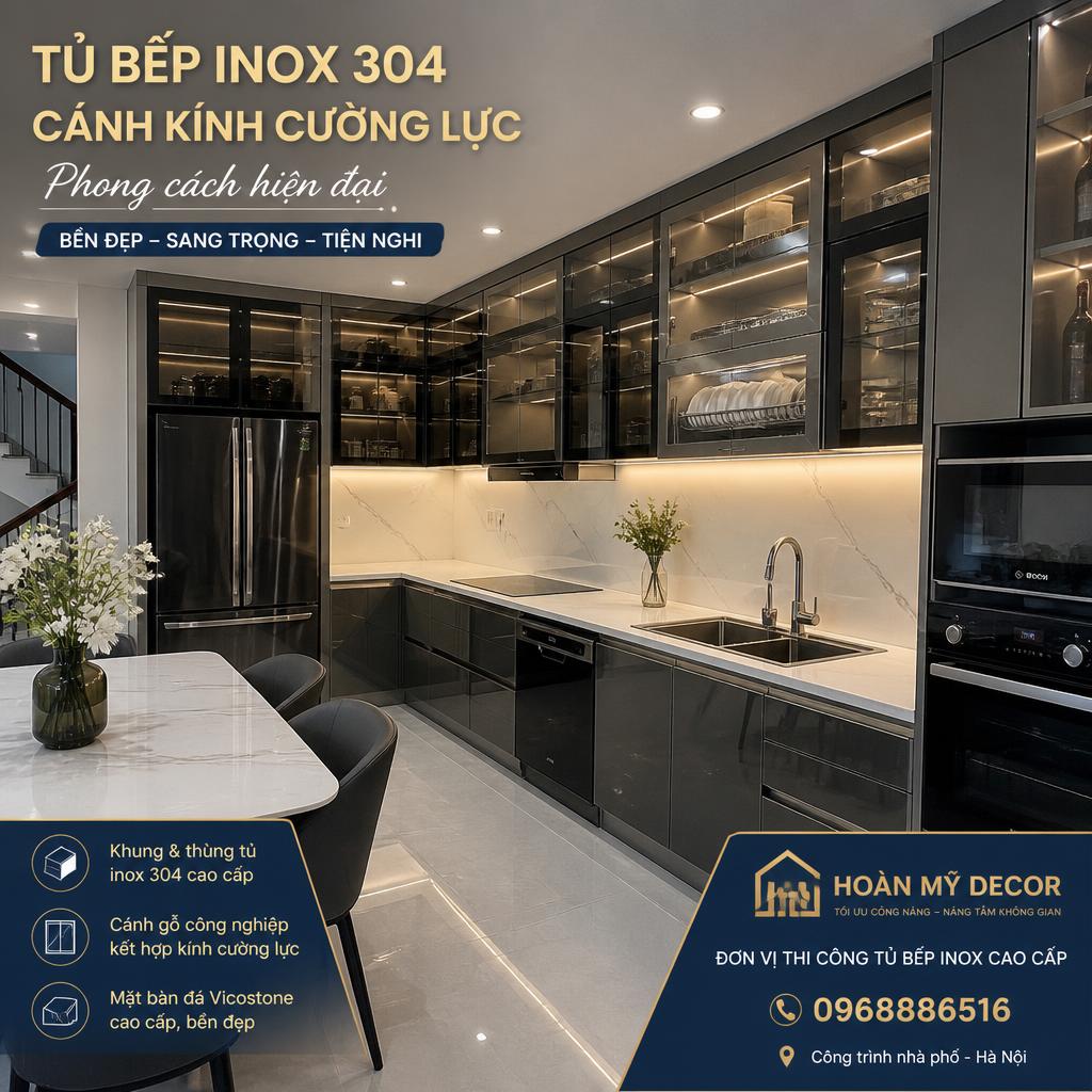 Bộ tủ bếp inox 304 cánh kính cường lực tại công trình nhà phố Hà Nội, phong cách hiện đại