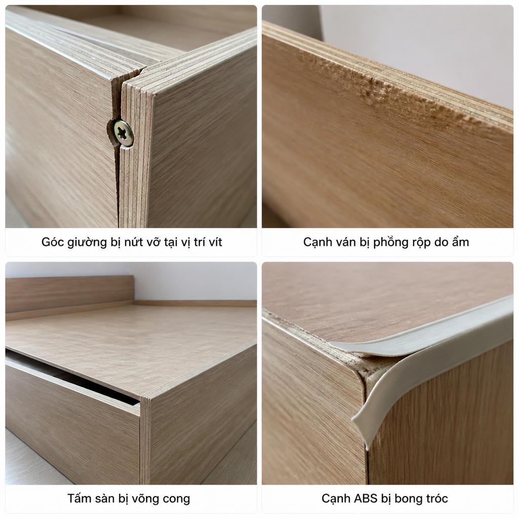 Bốn ảnh lỗi thi công giường plywood đặt cạnh nhau dạng 2×2 grid, góc giường bị nứt vỡ tại vị trí vít, cạnh ván bị phồng rộp do ẩm, tấm sàn bị võng cong, cạnh ABS bị bong tróc, ánh sáng tự nhiên, góc chụp close-up từng lỗi, chú thích tiếng Việt