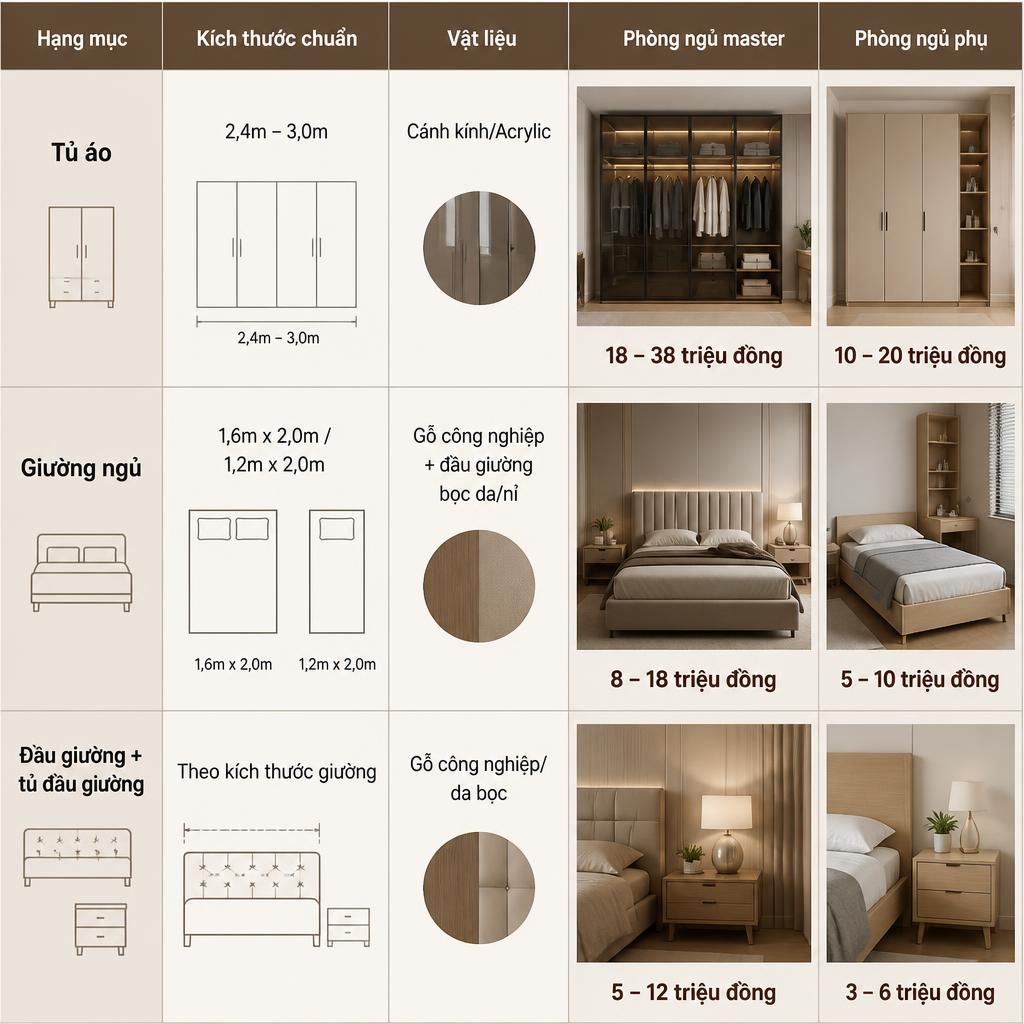 So sánh chi phí nội thất phòng ngủ master và phòng phụ