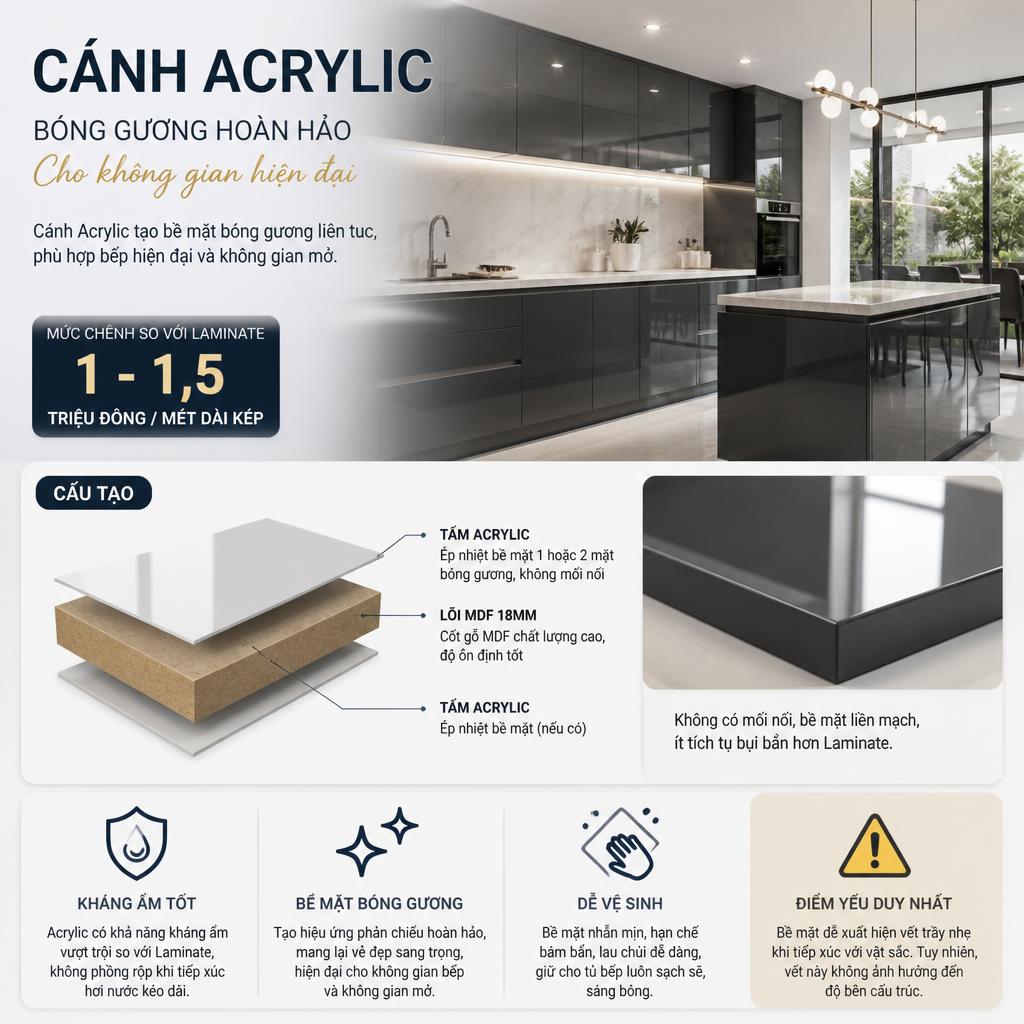 Cánh Acrylic bóng gương, kháng ẩm tốt, sang trọng cho bếp hiện đại.