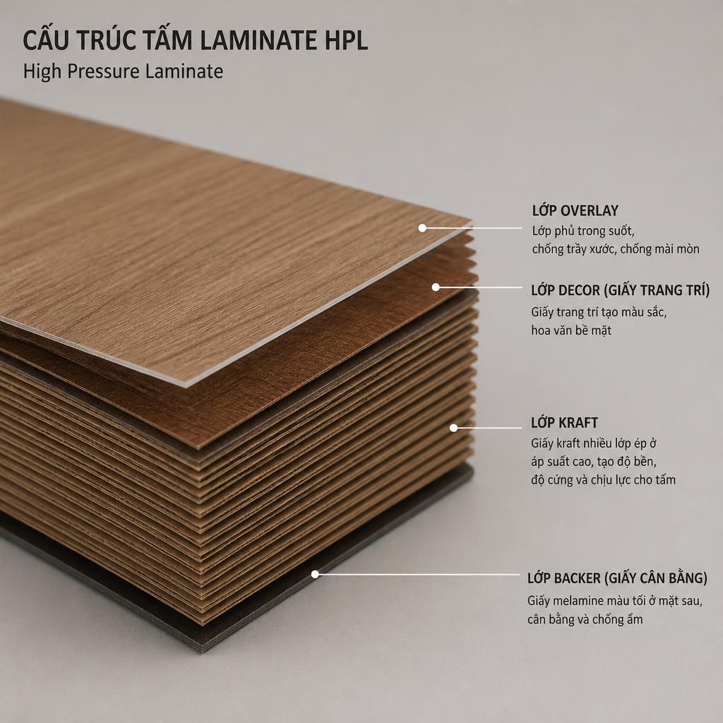 Cắt ngang mẫu tấm Laminate HPL thể hiện cấu trúc đa lớp giấy kraft và lớp decor bề mặt