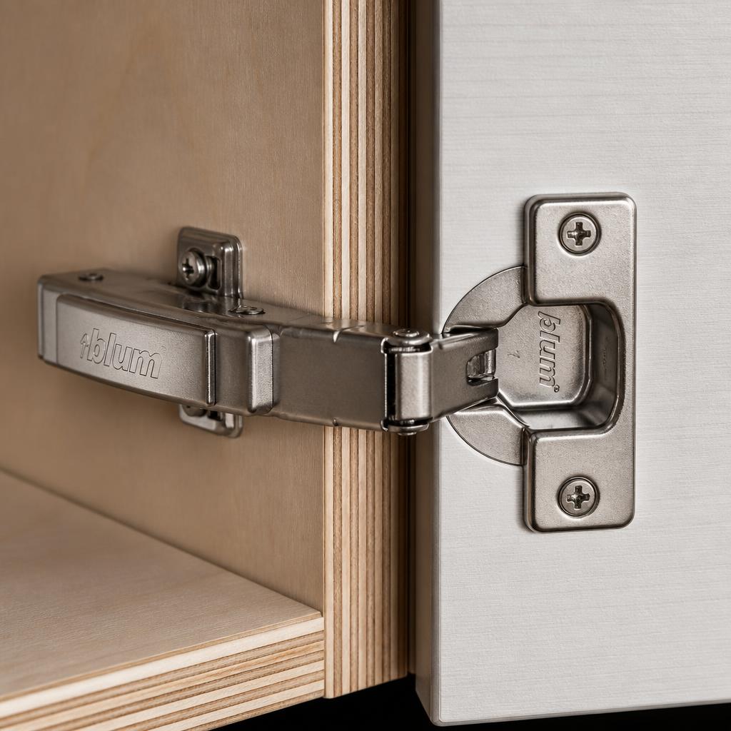 Chi tiết bản lề giảm chấn Blum gắn trên cánh tủ plywood phủ Laminate, góc chụp cận cảnh