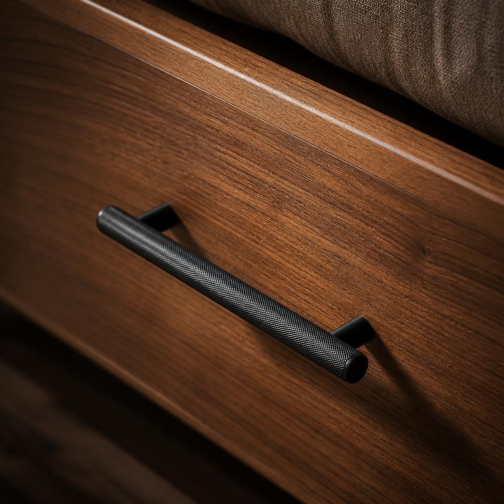 Chi tiết tay kéo hộc giường Japandi, thanh đồng đen mờ 20cm gắn trên mặt hộc veneer walnut, ánh sáng điểm từ đèn thả trần, góc chụp macro, thể hiện sự tương phản giữa đồng đen và vân gỗ nâu ấm