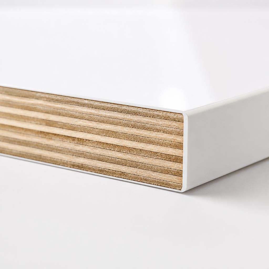 Close-up cạnh tấm plywood 18mm đã dán cạnh ABS màu trắng, ánh sáng studio trắng từ hai phía, thể hiện rõ 9 lớp ép chéo thớ bên trong và bề mặt melamine bóng mịn bên ngoài, nền trắng trung tính