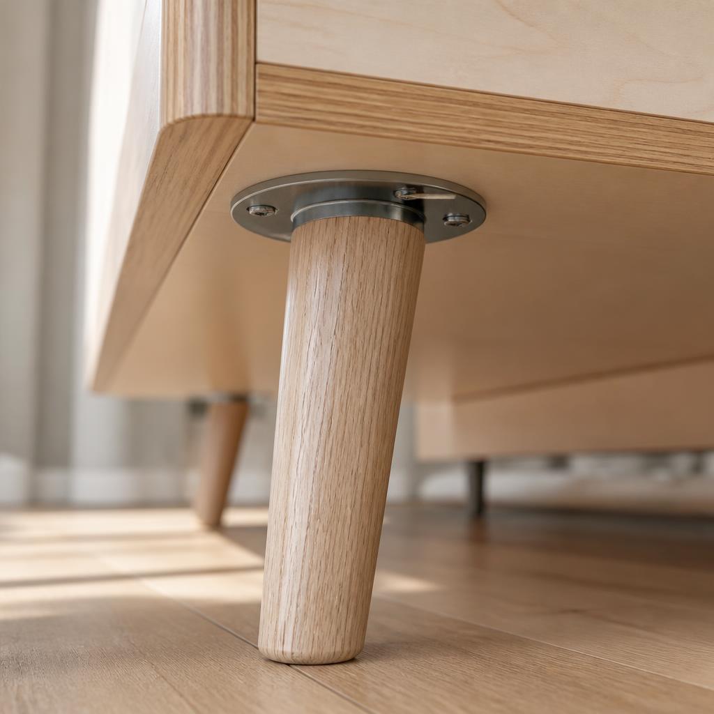 Close-up chân giường plywood Scandinavian, chân côn gỗ sồi nguyên khối M10 gắn vào đế kim loại, ánh sáng sàn nhà tự nhiên, góc chụp macro từ mặt sàn nhìn lên, thể hiện chi tiết kết nối chân-thân giường