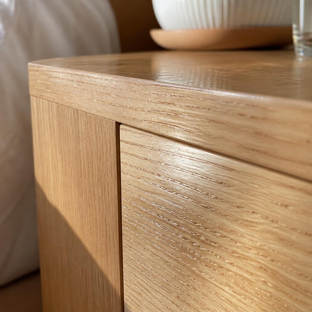 Close-up đầu giường plywood phủ veneer sồi trắng, ánh sáng tự nhiên buổi chiều từ bên phải, góc chụp macro thể hiện vân gỗ sồi tự nhiên với các đốm ray tự nhiên đặc trưng, lớp lacquer bán bóng phản chiếu nhẹ