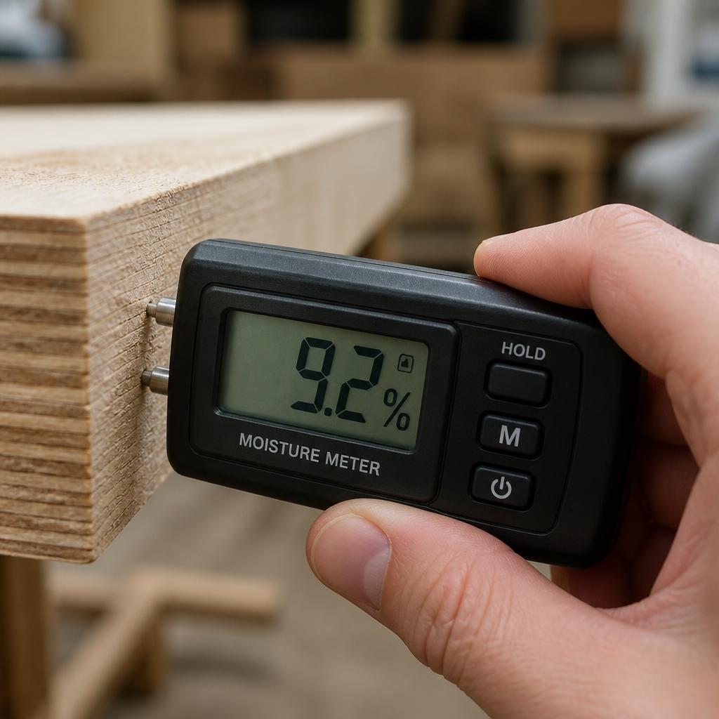 Close-up máy đo độ ẩm pin-type cắm vào cạnh tấm plywood 18mm, màn hình LCD hiển thị 9.2%, ánh sáng xưởng tự nhiên, tay người cầm máy, góc chụp macro