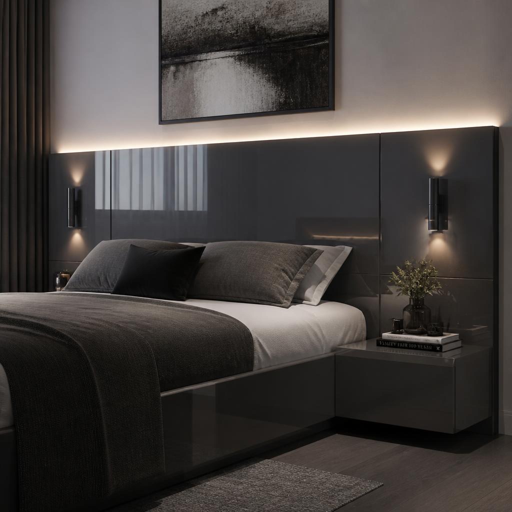 Đầu giường plywood phủ acrylic bóng gương màu xám anthracite, ánh sáng đèn LED gắn tường phản chiếu trên bề mặt acrylic tạo hiệu ứng gương, góc chụp từ phía trước hơi nghiêng, phong cách hiện đại cao cấp, phòng ngủ tông xám-đen-trắng