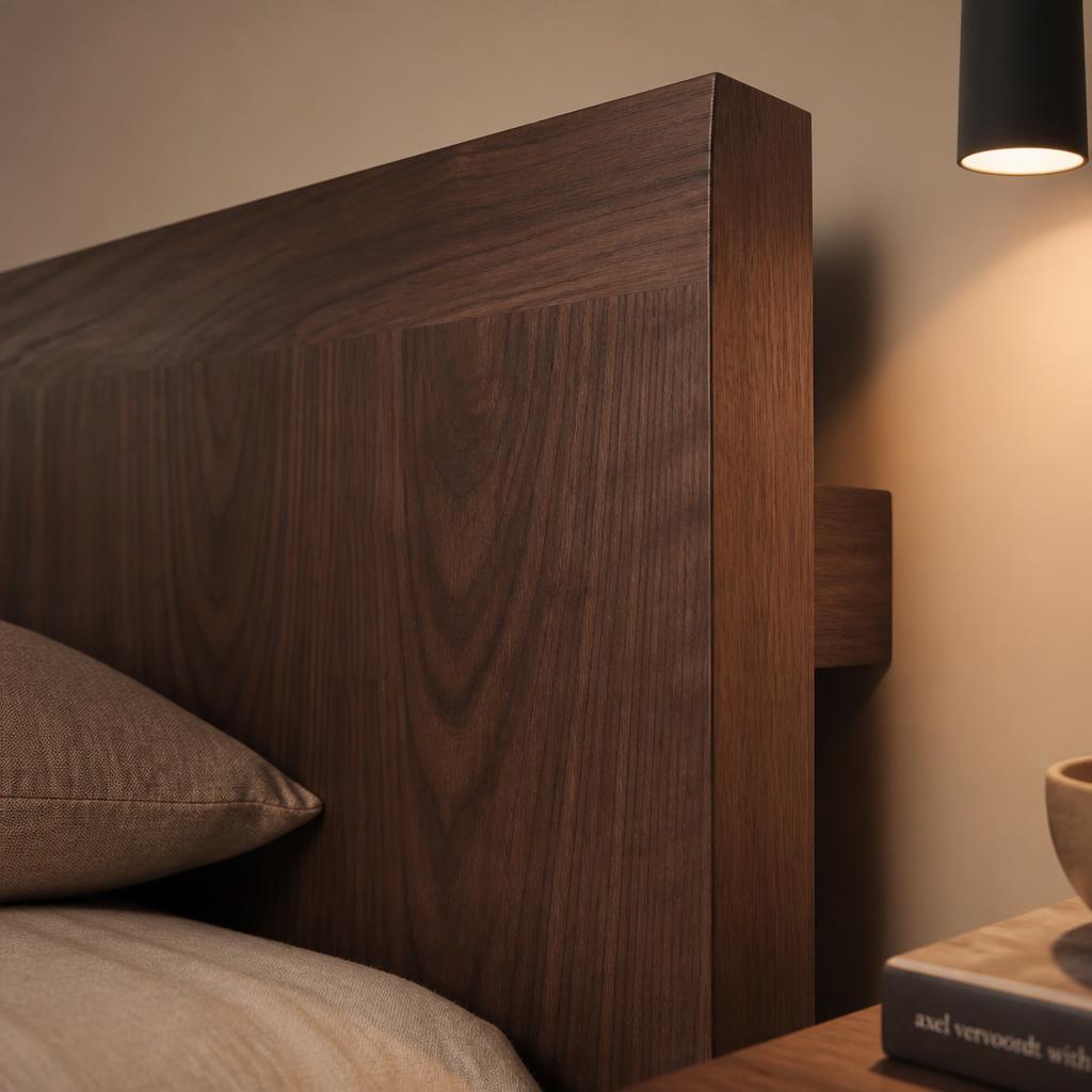 Đầu giường plywood phủ veneer walnut đậm, góc chụp close-up từ phía trước hơi nghiêng, ánh sáng đèn thả trần ấm 3000K, thể hiện rõ độ dày thành ván 25mm và đường vân gỗ walnut tự nhiên chạy dọc, thanh gia cường ngang ẩn bên trong