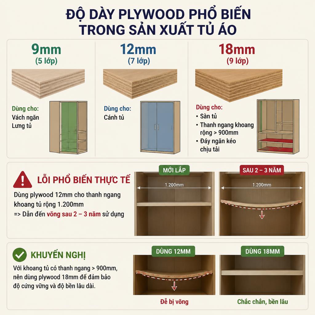 Độ dày plywood 9mm, 12mm, 18mm cho tủ áo chuẩn