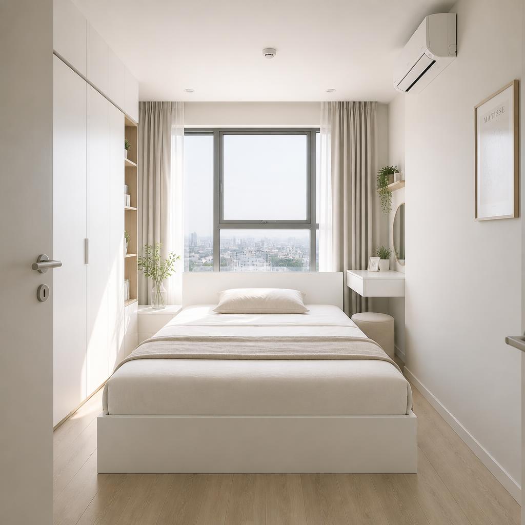Giường plywood melamine trắng tinh trong phòng ngủ căn hộ 22m², góc chụp từ cửa phòng nhìn thẳng vào, ánh sáng tự nhiên buổi sáng, thể hiện sự phù hợp với không gian nhỏ nhờ màu sáng phản chiếu ánh sáng tốt