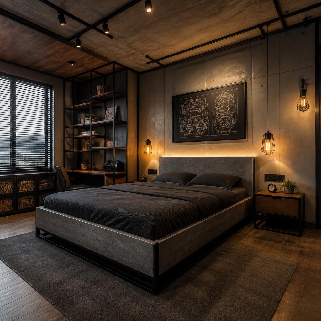 Giường plywood phủ laminate HPL vân bê tông xám trong phòng ngủ phong cách Industrial, khung thép đen tích hợp chân giường, ánh sáng đèn Edison vàng ấm, góc chụp wide-angle từ góc phòng, tông xám-đen-gỗ tối