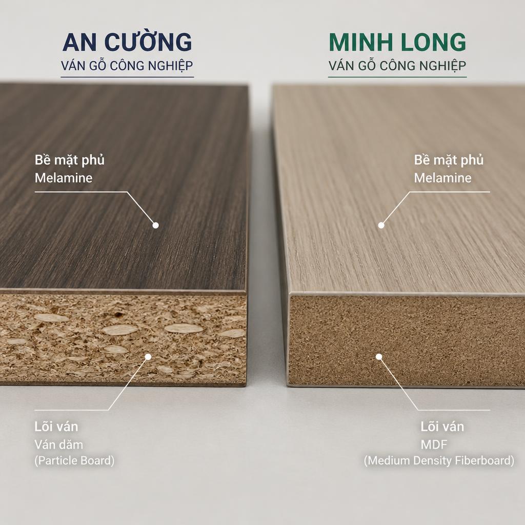 Hai tấm ván gỗ công nghiệp An Cường và Minh Long đặt song song, lõi ván và bề mặt phủ hiển thị rõ