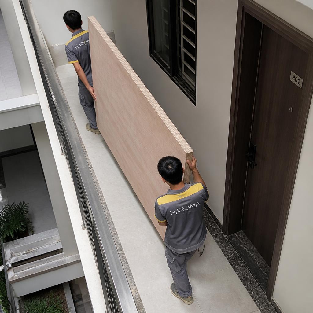 Hai thợ thi công mặc đồng phục vận chuyển tấm plywood 18mm qua hành lang chung cư, góc chụp từ phía trên nhìn xuống, ánh sáng hành lang tự nhiên, thể hiện tính cơ động và kích thước tấm ván so với người