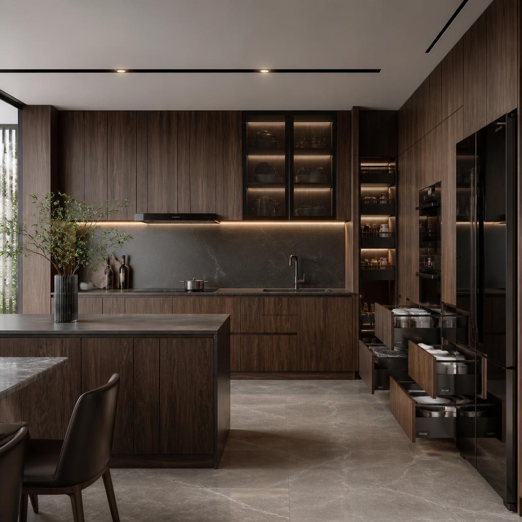 Hệ tủ bếp plywood phủ veneer óc chó màu nâu trầm, cánh phẳng, phụ kiện Blum, không gian bếp hiện đại