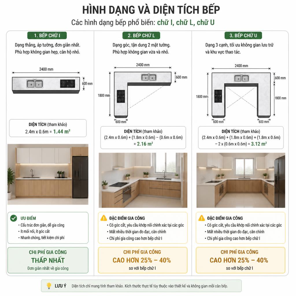 Hình dạng bếp ảnh hưởng lớn đến chi phí gia công tủ inox