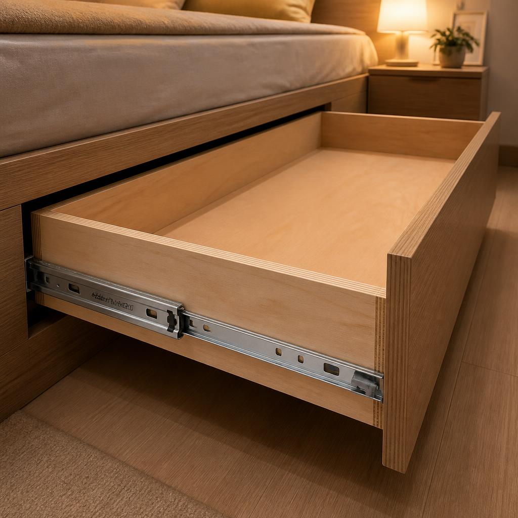 Hộc kéo giường plywood đang mở hoàn toàn, thể hiện ray trượt ball-bearing Blum Tandem màu bạc gắn hai bên thành hộc, góc chụp nghiêng 30° từ phía trước, ánh sáng phòng ngủ ấm 3000K, thể hiện cơ chế trượt mượt và đáy hộc plywood 9mm
