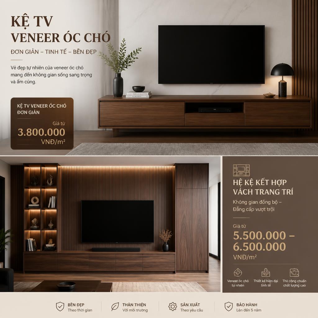 Kệ TV veneer óc chó sang trọng, giá từ 3.800.000 VNĐ/m²
