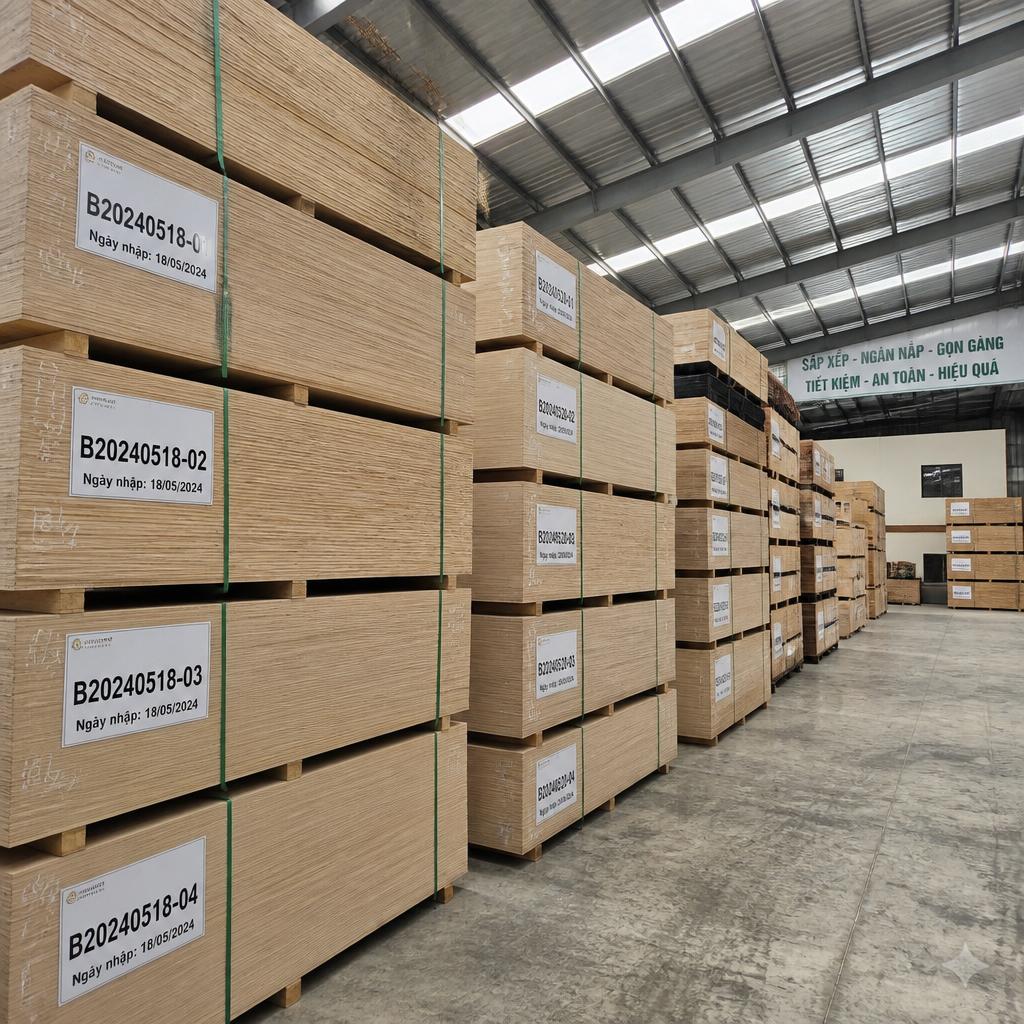 Kho vật liệu plywood được sắp xếp theo lô hàng với nhãn mã lô và ngày nhập, ánh sáng kho tự nhiên, góc chụp wide-angle, thể hiện quy mô lưu trữ và hệ thống quản lý vật liệu có tổ chức