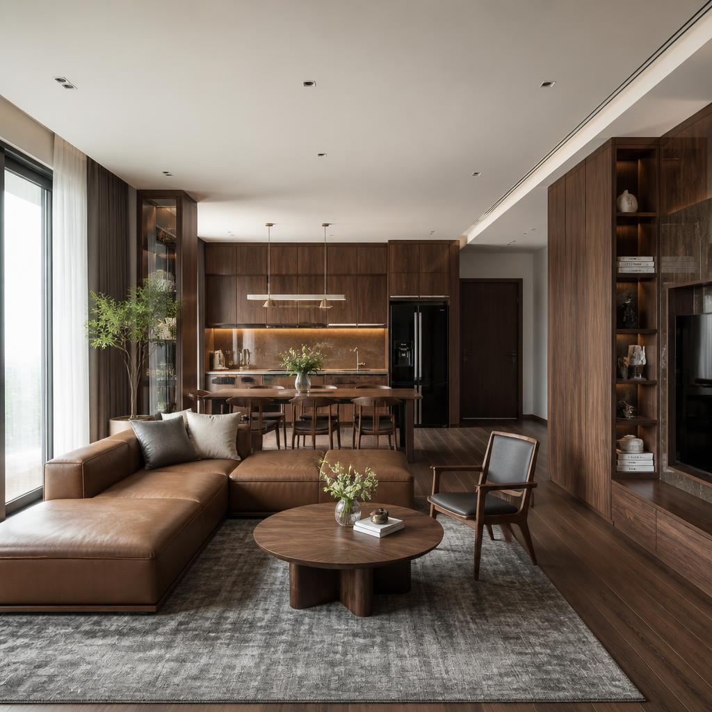 Không gian phòng khách và bếp mở căn hộ cao cấp tại Hà Nội với hệ nội thất plywood veneer óc chó màu nâu trầm, ánh sáng tự nhiên