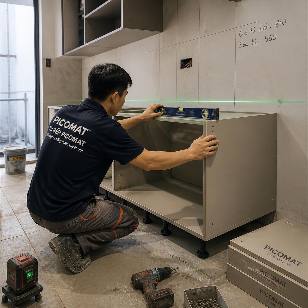Kỹ thuật viên đang lắp đặt thùng tủ bếp Picomat tại công trình, thể hiện quá trình căn chỉnh theo mức nước