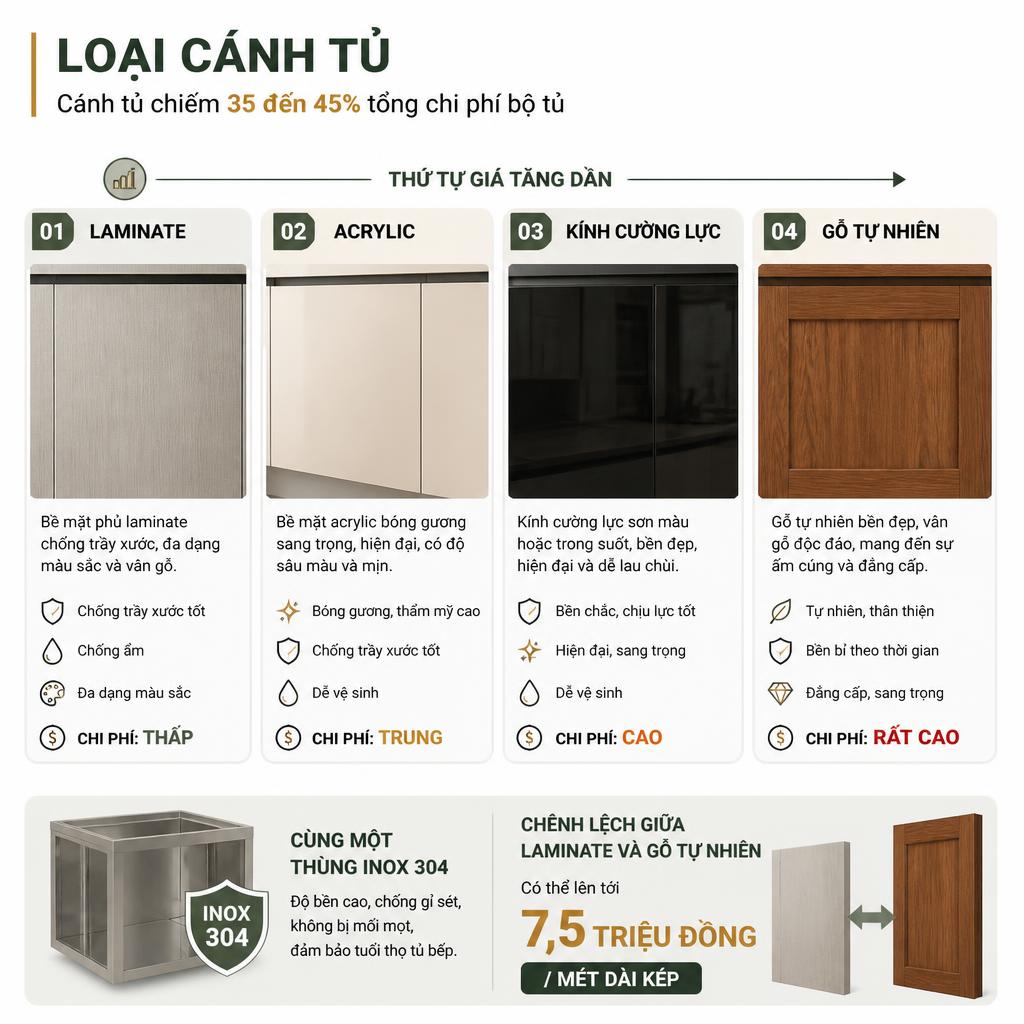Cánh tủ bếp inox: Laminate rẻ nhất, gỗ tự nhiên đắt nhất