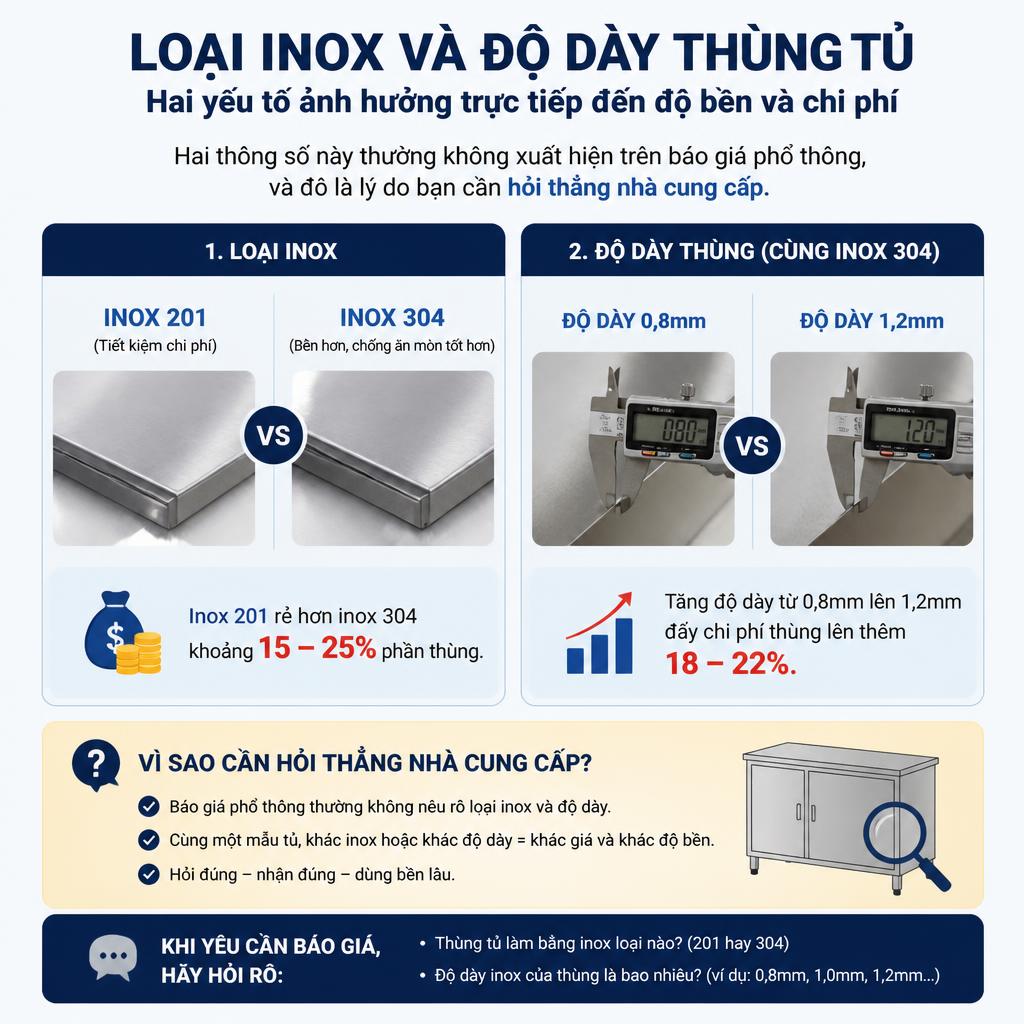 Inox 201 hay 304, độ dày ảnh hưởng trực tiếp đến giá tủ bếp.