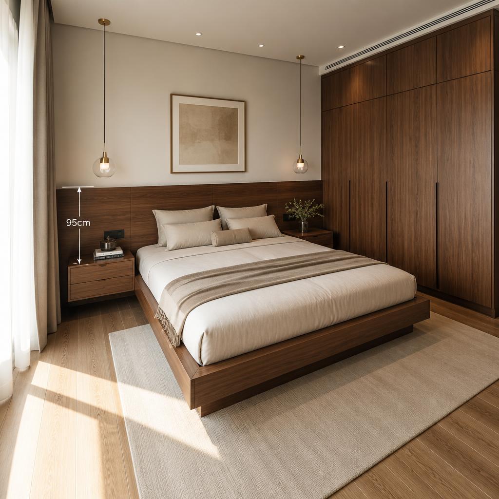 Master bedroom hoàn chỉnh, giường plywood 180×200cm veneer walnut, đầu giường 95cm, 2 hộc kéo hai bên, đèn thả trần đôi, tủ quần áo kịch trần cùng vật liệu, ánh sáng ban ngày ấm, góc chụp wide-angle 28mm từ góc phòng