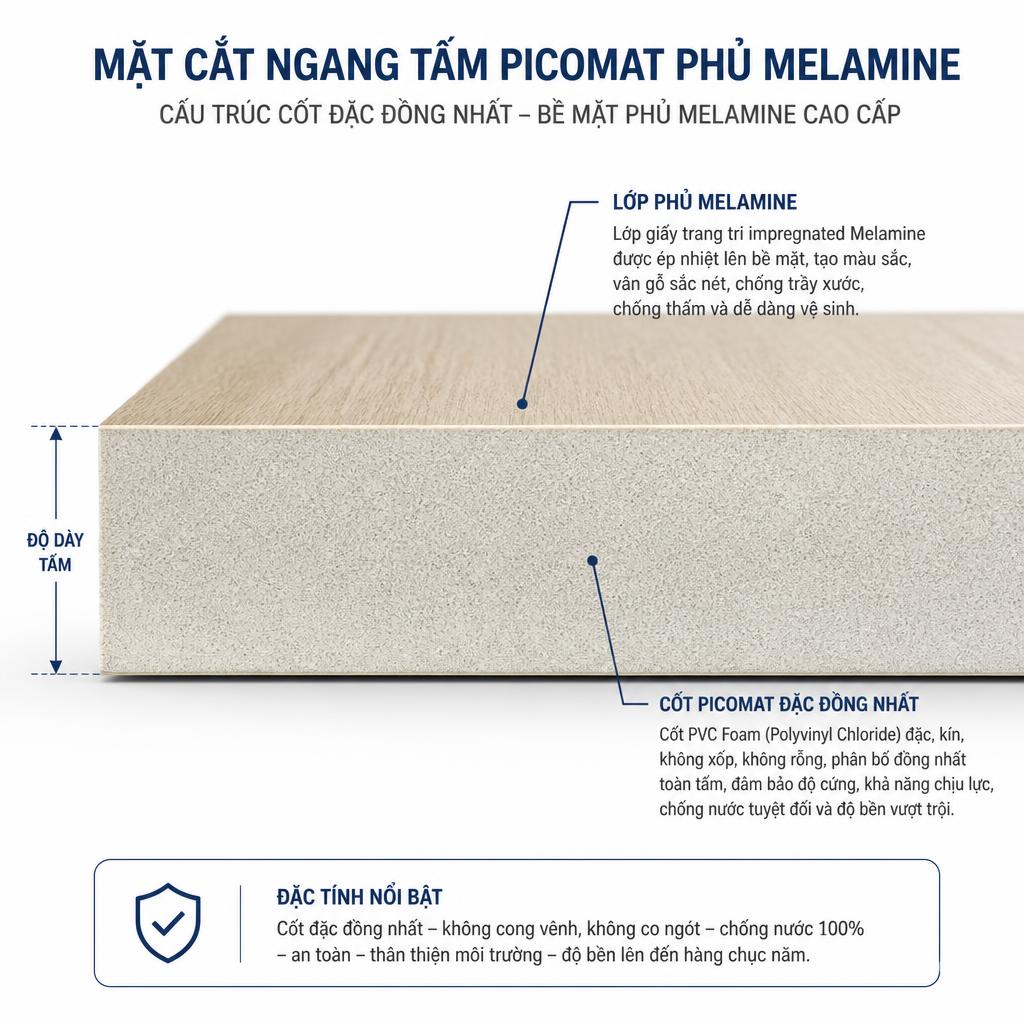 Mặt cắt ngang tấm Picomat phủ Melamine, thể hiện rõ cấu trúc cốt đặc đồng nhất và lớp phủ bề mặt