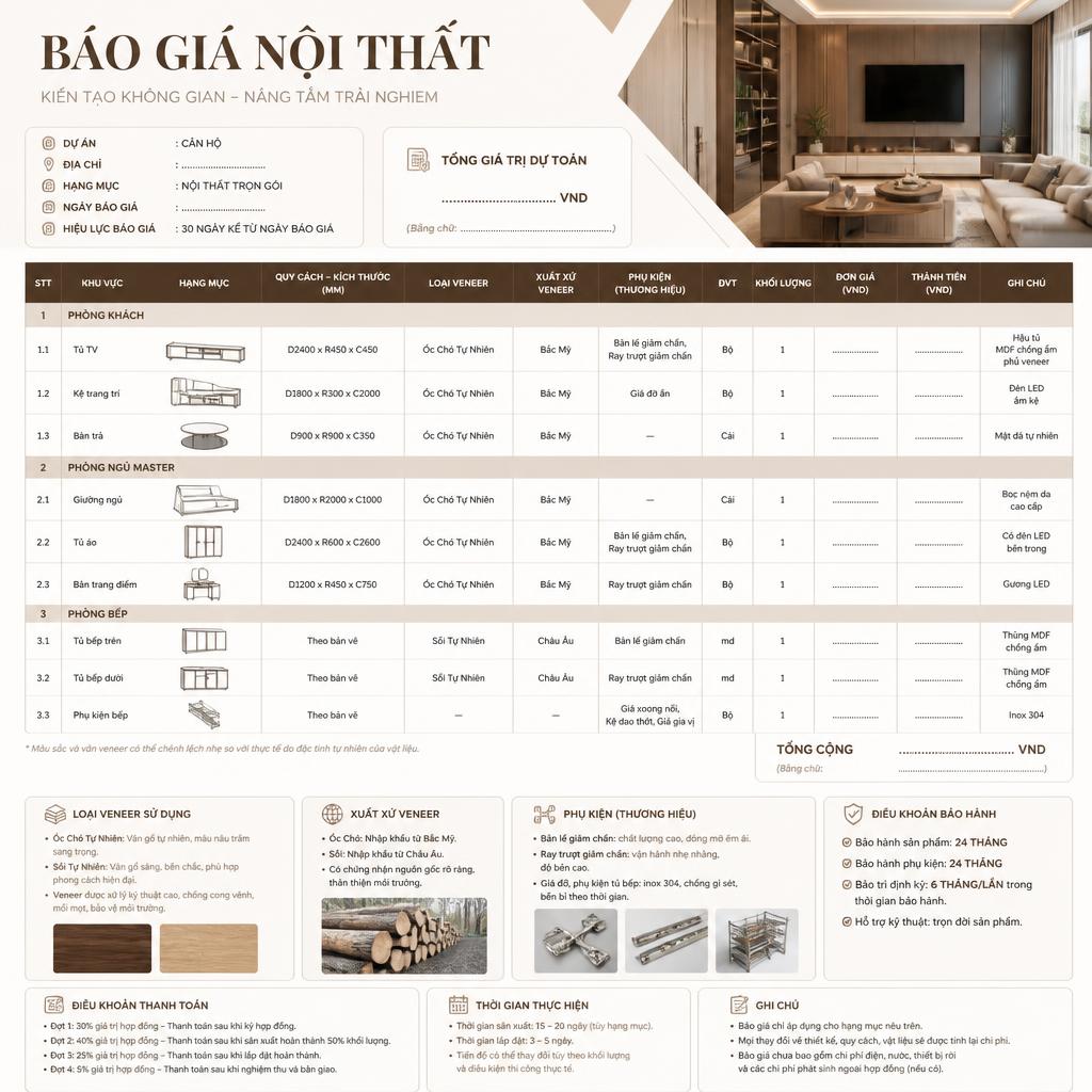 Mẫu báo giá nội thất chi tiết với các mục được đánh dấu rõ ràng: loại veneer, xuất xứ, phụ kiện thương hiệu, điều khoản bảo hành