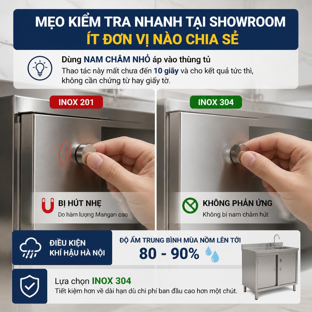 Mẹo kiểm tra inox 304 hay 201 bằng nam châm tại showroom