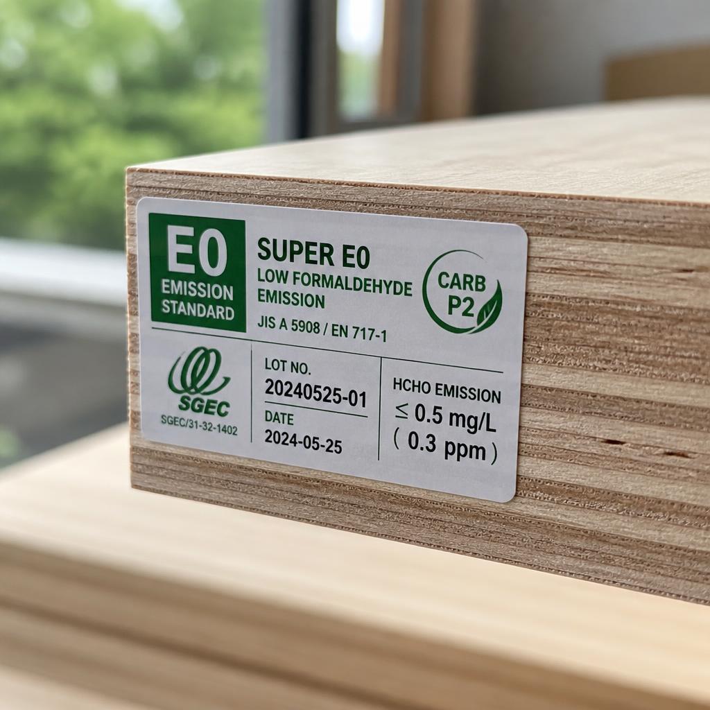 Nhãn chứng nhận E0/Super E0 trên cạnh tấm plywood, góc chụp close-up macro, ánh sáng tự nhiên từ cửa sổ, thể hiện rõ logo chứng nhận, mã lô hàng và thông số phát thải in trực tiếp trên nhãn dán