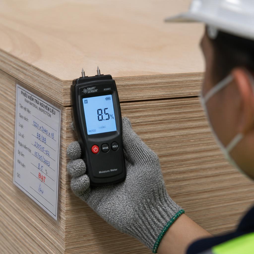 Nhân viên QC kiểm tra tấm plywood đầu vào bằng máy đo độ ẩm điện tử, góc chụp close-up, ánh sáng kho, màn hình máy đo hiển thị 8.5%, thể hiện quy trình kiểm soát chất lượng đầu vào nghiêm ngặt