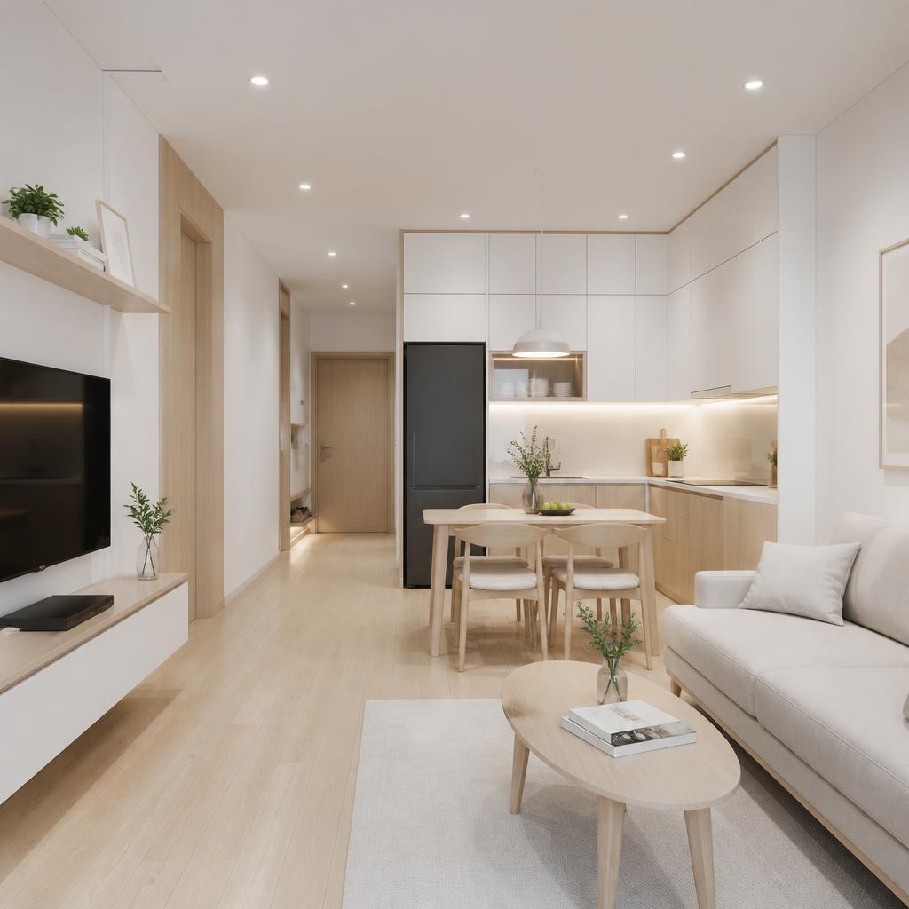 Phối cảnh 3D nội thất chung cư 60m2 phong cách hiện đại tối giản, tông màu trắng gỗ sáng, tủ bếp kịch trần, phòng khách liên thông