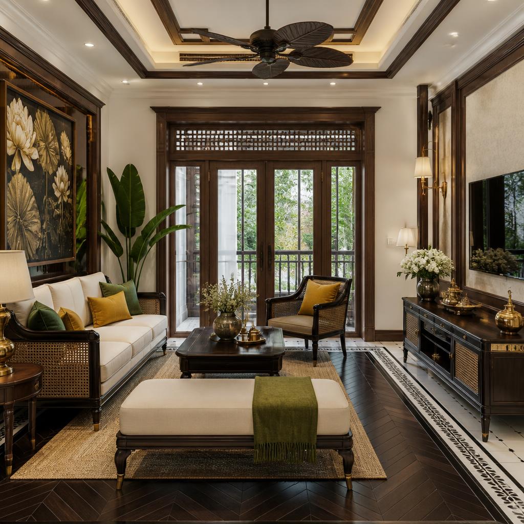Phòng khách phong cách Indochine với chi tiết lanh tô gỗ tự nhiên và phụ kiện đồng thau, công trình thực tế tại Hà Nội 2026