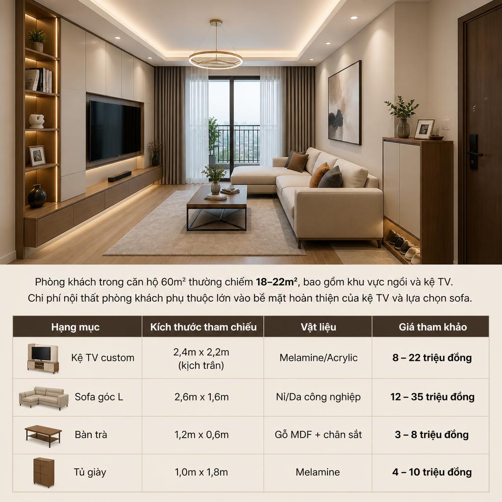 Bảng giá nội thất phòng khách chung cư 60m2 chi tiết