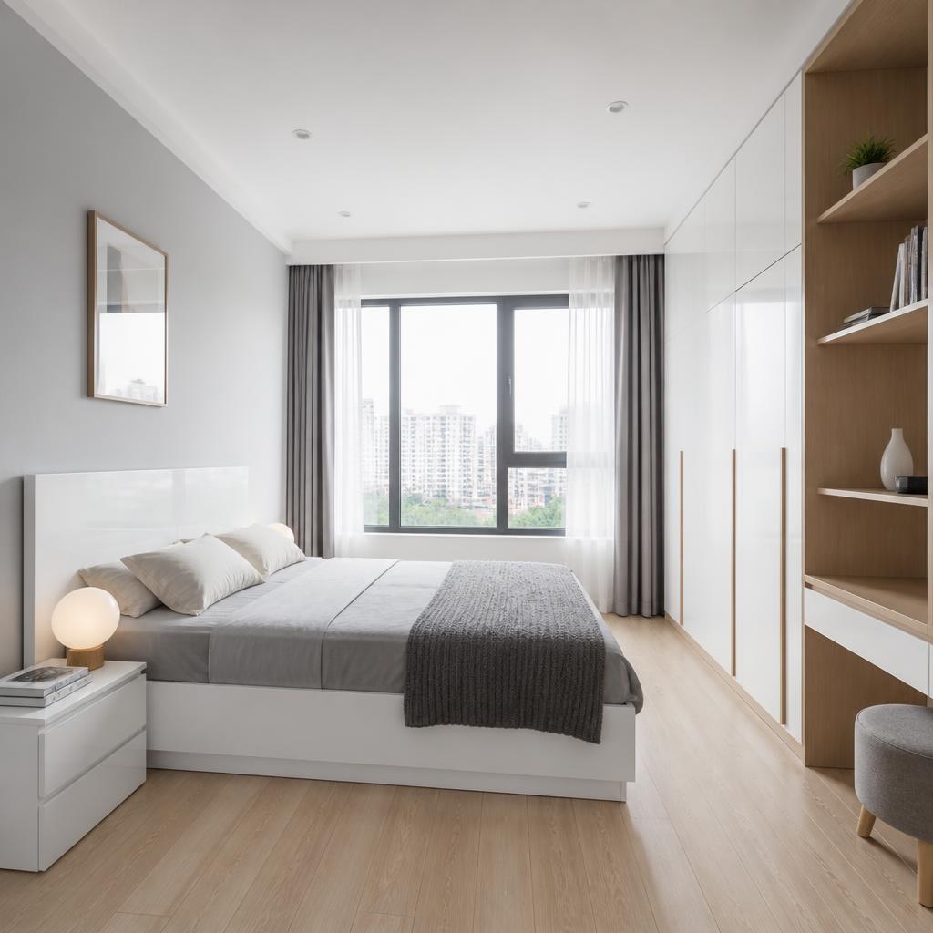 Phòng ngủ căn hộ 30m² với giường plywood phủ melamine trắng bóng, đầu giường thẳng không trang trí, ánh sáng ban ngày từ cửa sổ lớn tràn vào, góc chụp wide-angle 28mm, phong cách hiện đại tối giản, tông trắng-xám-gỗ sáng