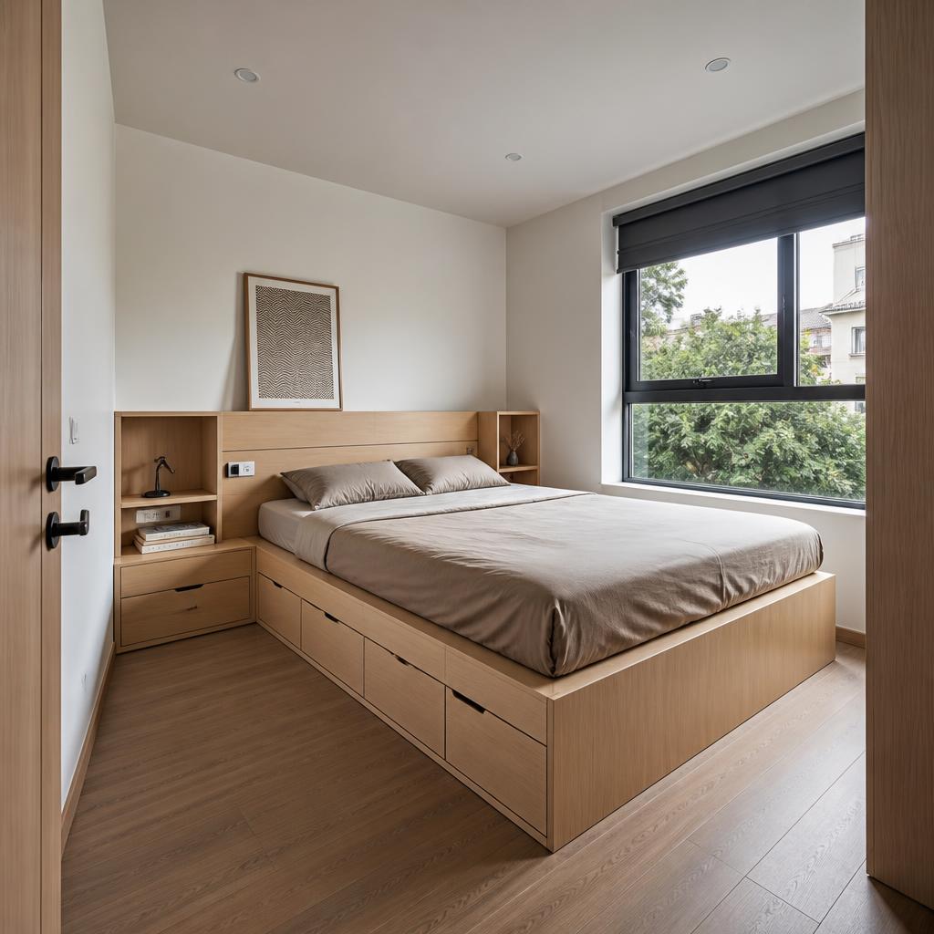 Phòng ngủ hoàn thiện với giường plywood tích hợp hộc kéo và kệ đầu giường, góc chụp wide-angle từ cửa phòng, ánh sáng ban ngày, thể hiện toàn bộ hệ giường như một khối nội thất tích hợp, phong cách hiện đại
