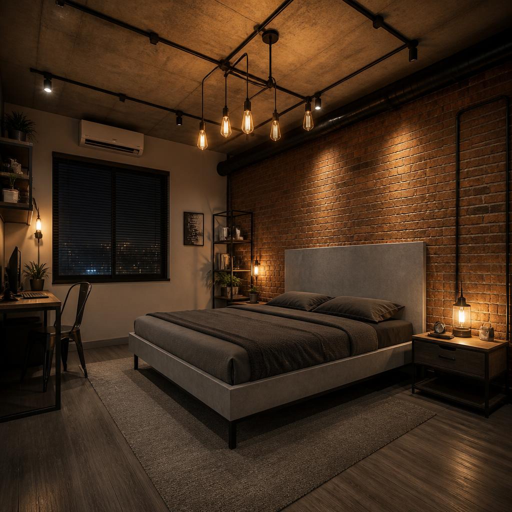 Phòng ngủ Industrial nam tính, giường plywood laminate xám bê tông, chân thép hộp đen 40×40mm, đầu giường cao 110cm không trang trí, đèn công nghiệp Edison trần bê tông, tường gạch trần một phía, ánh sáng vàng ấm, góc chụp wide-angle từ góc phòng