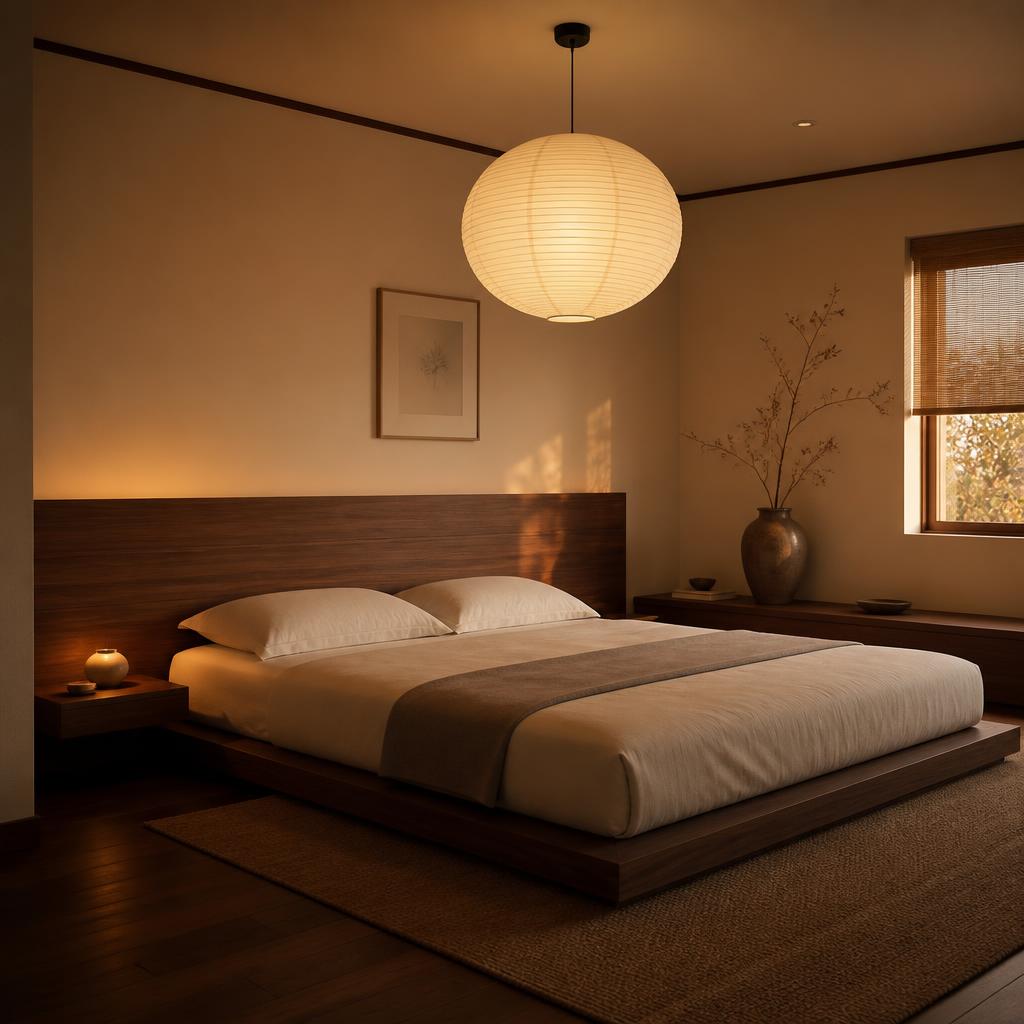 Phòng ngủ Japandi tông ấm, giường plywood thấp veneer walnut, nệm trắng kem dày 25cm, đầu giường 80cm cao veneer walnut chạy dọc, đèn thả trần giấy washi, bình gốm thô trên kệ gỗ thấp, sàn gỗ tối, ánh sáng chiều muộn ấm 2700K, góc chụp từ góc phòng