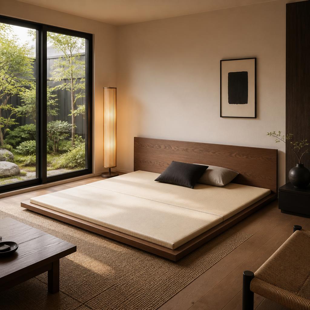Phòng ngủ Japandi với giường plywood thấp sát sàn, đầu giường veneer walnut ngang 160cm, nệm tatami trắng kem, đèn đứng gỗ tre bên cạnh, cửa sổ nhìn ra vườn, ánh sáng tự nhiên buổi sáng, tông nâu-trắng-đen tối giản