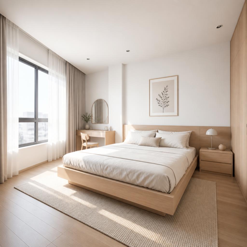 Phòng ngủ master bedroom hoàn thiện với giường plywood phủ veneer sồi trắng, góc chụp wide-angle 35mm từ góc phòng, ánh sáng ban ngày từ cửa sổ bên trái tạo bóng đổ mềm, phong cách Scandinavian tối giản, tông màu trắng kem và gỗ tự nhiên sáng
