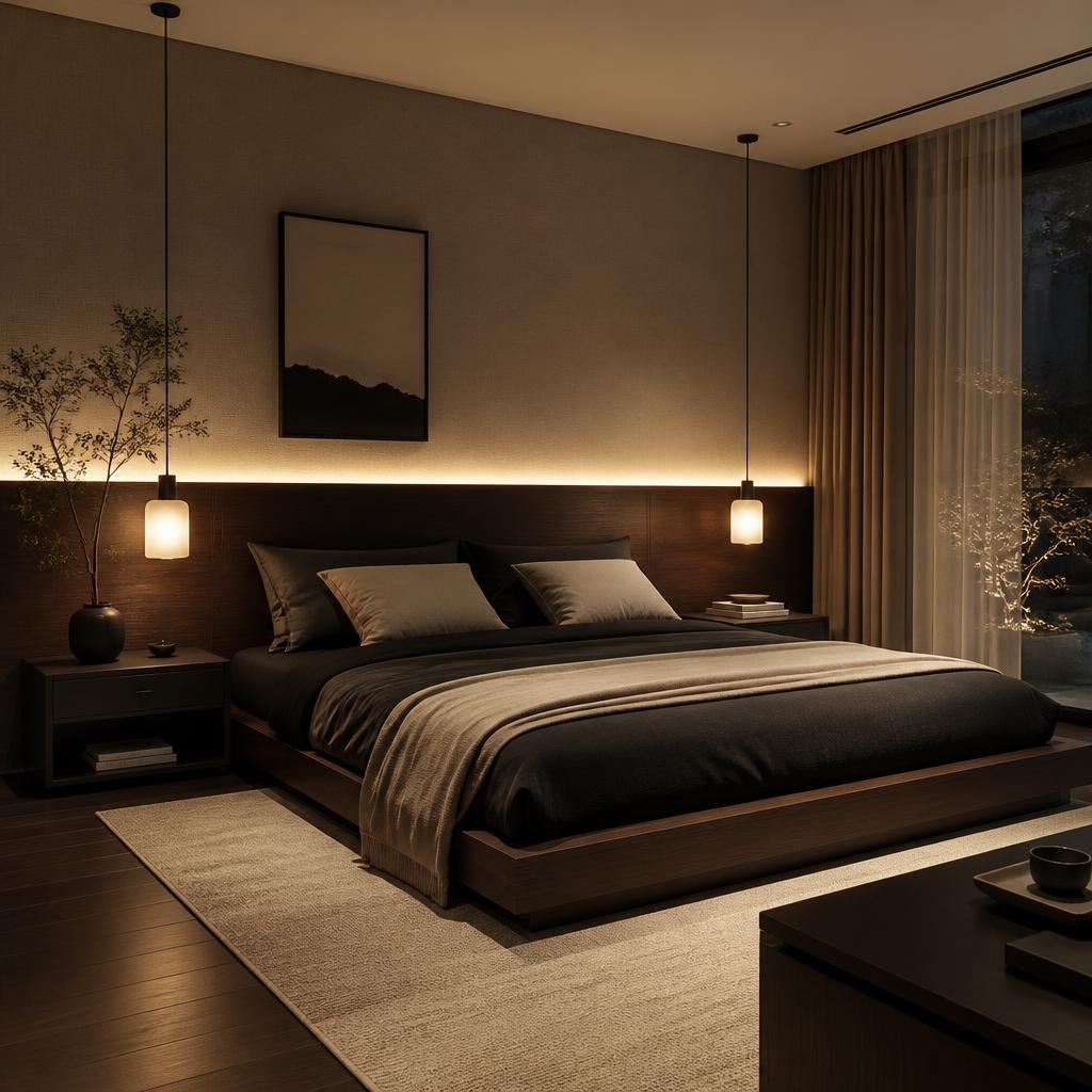 Phòng ngủ master bedroom với giường plywood phủ veneer walnut đậm, đầu giường cao 90cm, ánh sáng đèn thả trần ấm 2700K tạo halo phía sau đầu giường, góc chụp từ góc phòng nhìn chéo, phong cách Japandi sang trọng, tông nâu-đen-kem