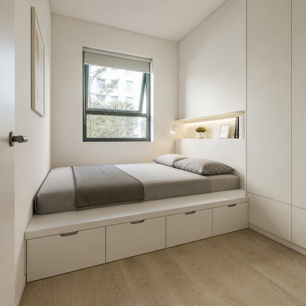 Phòng ngủ nhỏ 10m² với giường platform plywood melamine trắng, 4 hộc kéo dưới sàn, kệ đầu giường tích hợp đèn đọc sách LED, không gian gọn gàng tối giản, ánh sáng ban ngày từ cửa sổ nhỏ, góc chụp wide-angle 24mm