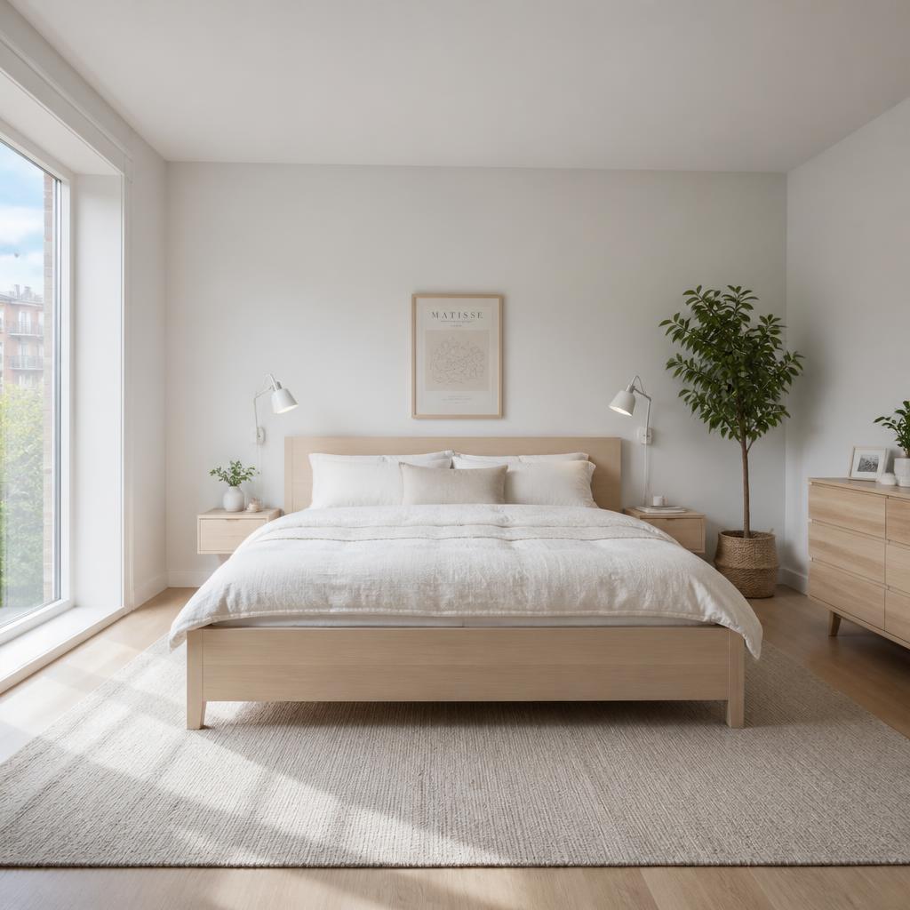 Phòng ngủ phong cách Scandinavian với giường plywood veneer ash sáng, chăn gối trắng kem, đèn đọc sách gắn tường hai bên, cây xanh nhỏ góc phòng, ánh sáng ban ngày từ cửa sổ kính lớn, góc chụp wide-angle từ phía chân giường
