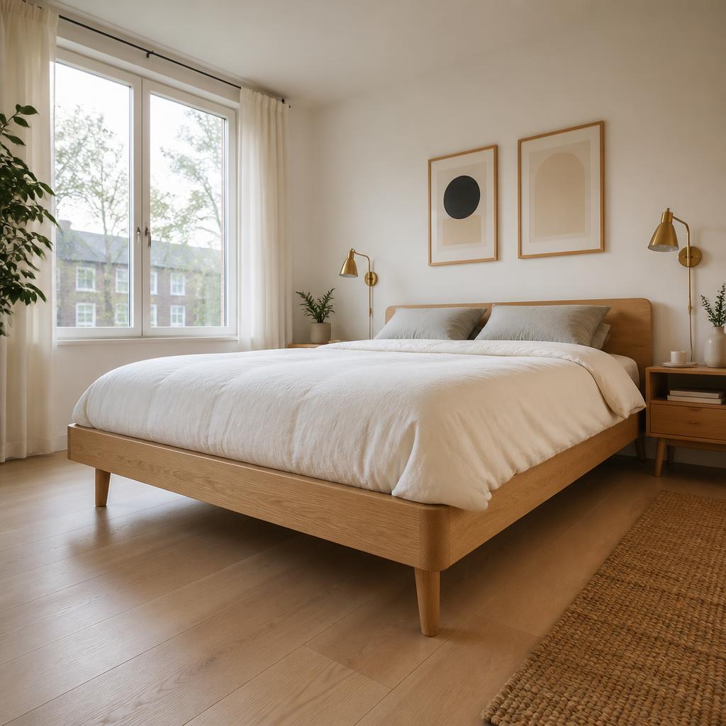 Phòng ngủ Scandinavian hoàn chỉnh, giường plywood veneer sồi trắng, chân côn gỗ sồi cao 18cm, đầu giường ngang thấp 60cm, chăn bông trắng, gối xám nhạt, đèn đọc sách gắn tường đồng, sàn gỗ sáng, cửa sổ lớn ánh sáng ban ngày, góc chụp 35mm từ chân giường nhìn lên đầu giường
