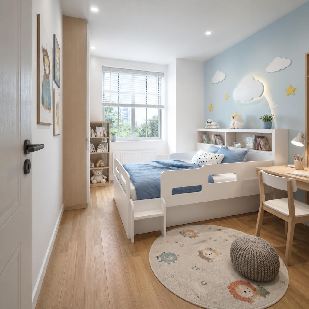Phòng ngủ trẻ em 12m² với giường đơn plywood Super E0 màu trắng, kệ đầu giường tích hợp ngăn đựng sách, ray bảo vệ hai bên, ánh sáng ban ngày vui tươi, góc chụp wide-angle từ cửa phòng